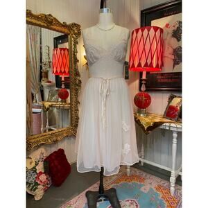 vintage 1950s pink nylon chiffon fit and flare slip dress nightgown 50s lingerie